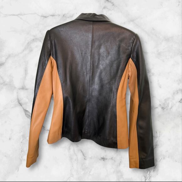 B&J Genuine Leather Two-Tone Black & Tan Zip Front Jacket Women’s Small - Picture 2 of 8